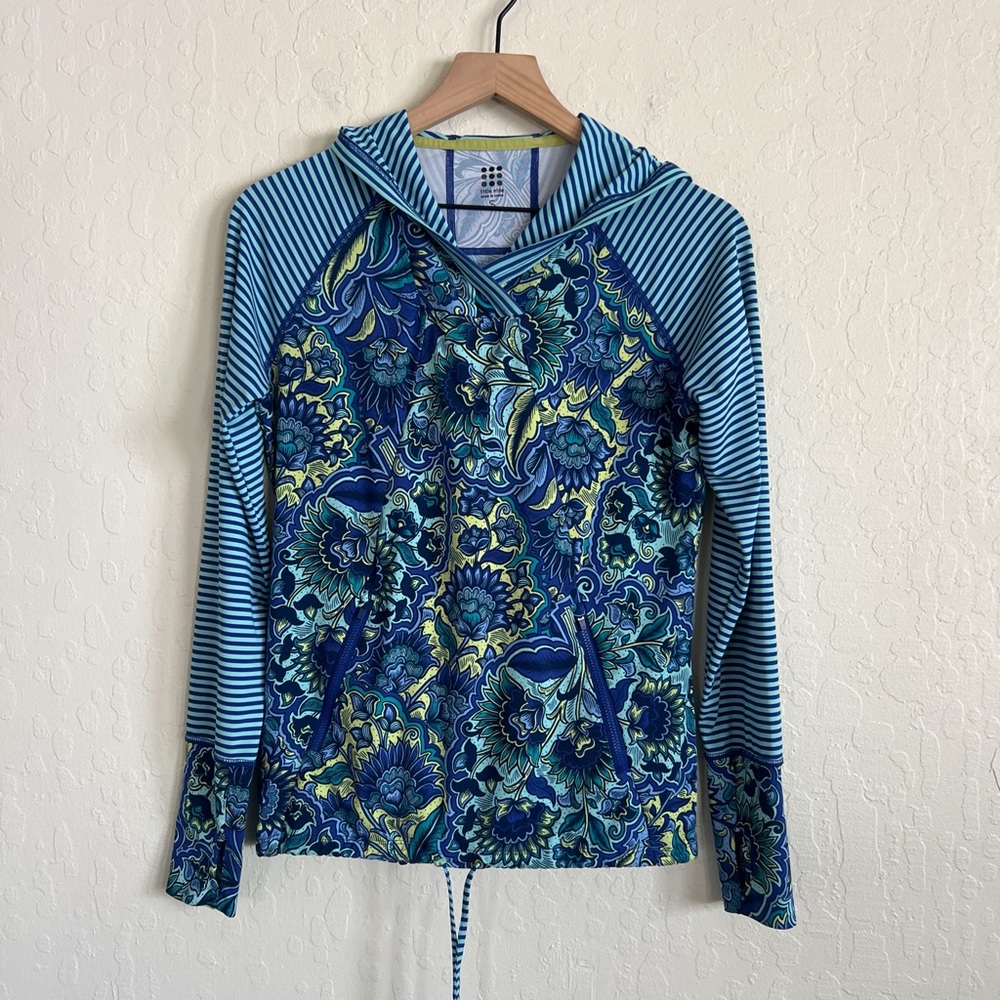 Title Nine Sunbuster Hoodie Small Blue Floral Striped UPF 50 Long Sleeve Shirt